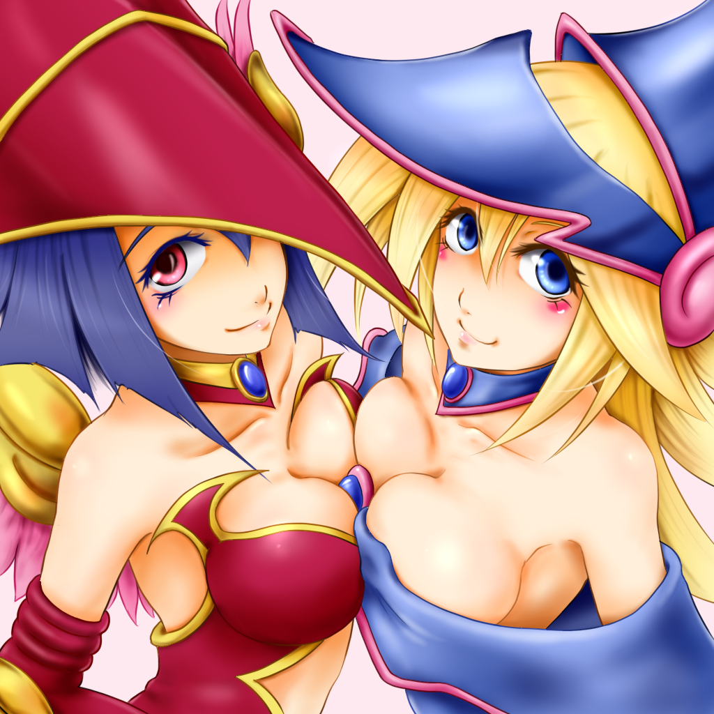 2girls, apple_magician_girl, bare_shoulders, blonde_hair, blue_hair, blush, breasts, choker, cleavage, dark_magician_girl, detached_sleeves, duel_monster, elbow_gloves, gloves, hat, large_breasts, long_hair, multiple_girls, pentacle, red_eyes, smile, usoutsuki, wings, wizard_hat, yu-gi-oh!