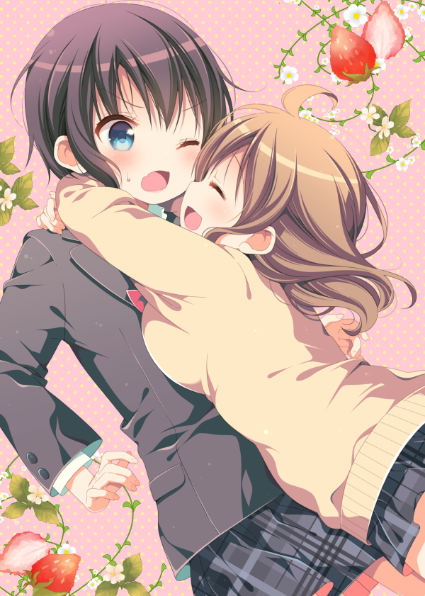 2girls, :d, ;o, ^_^, ahoge, black_hair, blue_eyes, blush