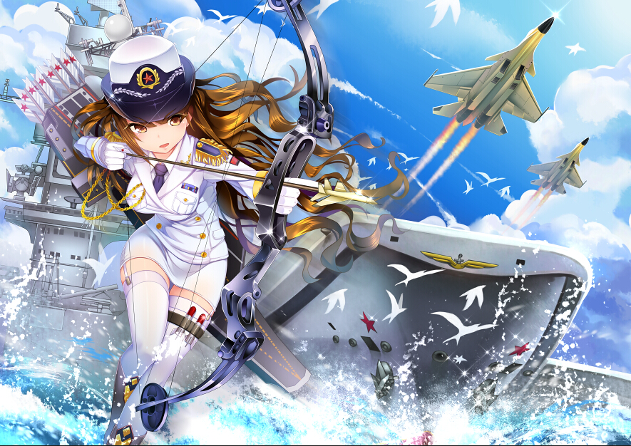 10s, 1girl, aiming, aircraft, aircraft_carrier, airplane, arrow_(projectile), bird, bow, bow_(weapon), brown_eyes, brown_hair, cloud, day, dutch_angle, epaulettes, female_focus, fighter_jet, fourragere, fusai, hat, kantai_collection, looking_to_the_side, military, military_uniform, military_vehicle, miniskirt, ocean, original, outdoors, parted_lips, quiver, ship, skirt, sky, solo, standing, takeoff, thighhighs, warship, water, watercraft, weapon, white_thighhighs