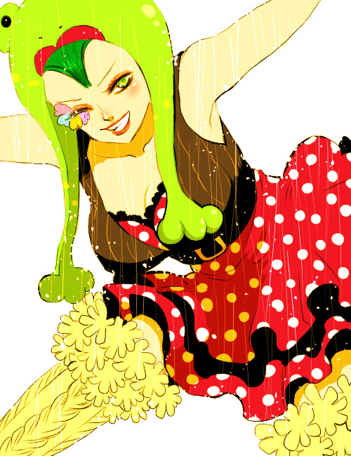 1girl, ;d, armpits, bare_shoulders, blush, dutch_angle, female_focus, grin, layered_skirt, looking_at_viewer, miss_father's_day, one_eye_closed, one_piece, open_mouth, polka_dot, polka_dot_skirt, simple_background, skirt, smile, solo, teeth, vest, white_background