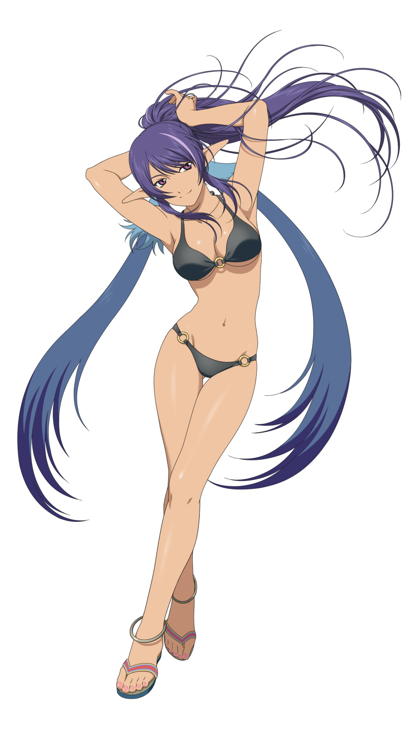 00s, 1girl, absurdres, anklet, armpits, arms_behind_head, arms_up, bikini, breasts, cleavage, feet, female_focus, floating_hair, full_body, high_ponytail, highres, jewelry, judith_(barely-there_black_bikini)_(tales), judith_(tales), long_hair, nail_polish, navel, o-ring, o-ring_bikini, o-ring_top, official_alternate_costume, official_art, pointy_ears, ponytail, purple_eyes, purple_hair, sandals, simple_background, smile, solo, standing, swimsuit, tales_of_(series), tales_of_link, tales_of_vesperia, toes, white_background