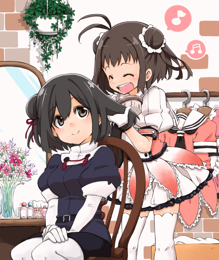 10s, 2girls, :d, ^_^, alternate_hairstyle, antenna_hair, belt, black_hair