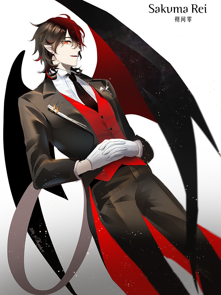 10s, 1boy, artist_name, bat_wings, black_hair, character_name, coattails, collared_shirt