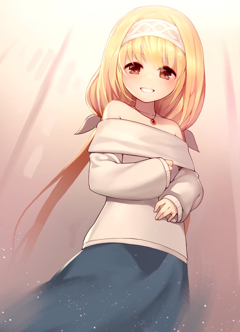 1girl, bare_shoulders, blonde_hair, brown_eyes, cosplay, female_focus, futaba_anzu, hairband