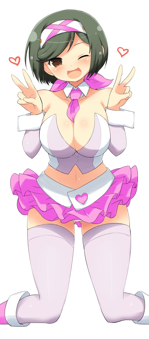 10s, 1girl, black_hair, breasts, brown_eyes, double_v, female_focus, heart