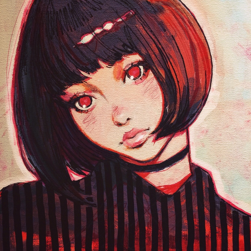 1girl, acrylic_paint_(medium), bad_id, bad_tumblr_id, black_hair, blunt_bangs, bob_cut, brown_hair, painting_(medium), choker, female_focus, head_tilt, ilya_kuvshinov, japanese_clothes, kimono, marker_(medium), original, photo_(medium), portrait, red_eyes, short_hair, solo, tactics, traditional_media, youko_(tactics)