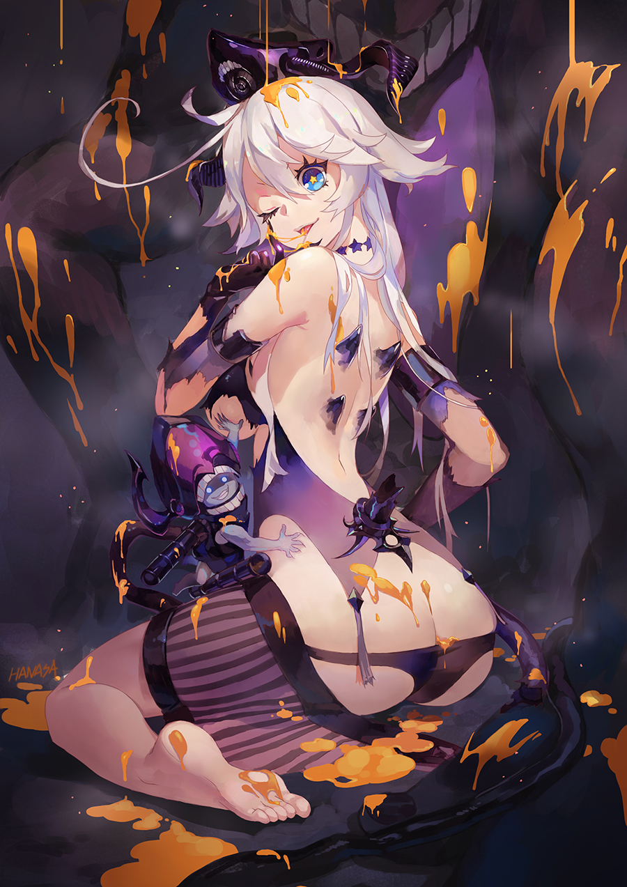 10s, 1girl, ;p, abyssal_ship, alternate_hair_color, ass, back, barefoot, black_panties, blue_eyes, breasts, butt_crack, corruption, criin_(659503), dark_persona, feet, female_focus, from_behind, hat, highres, horns, iowa_(kancolle), kantai_collection, large_breasts, long_hair, looking_at_viewer, looking_back, monster, one_eye_closed, panties, pt_imp_group, sitting, soles, solo, spines, star-shaped_pupils, star_(symbol), symbol-shaped_pupils, toes, tongue, tongue_out, underboob, underwear, wariza, white_hair