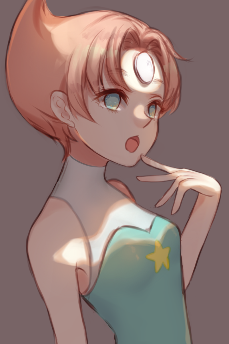 1girl, brown_hair, female_focus, finger_to_mouth, forehead_jewel, highres, ikram, looking_at_viewer, open_mouth, pale_skin, pearl_(steven_universe), sleeveless, solo, star_(symbol), steven_universe, upper_body