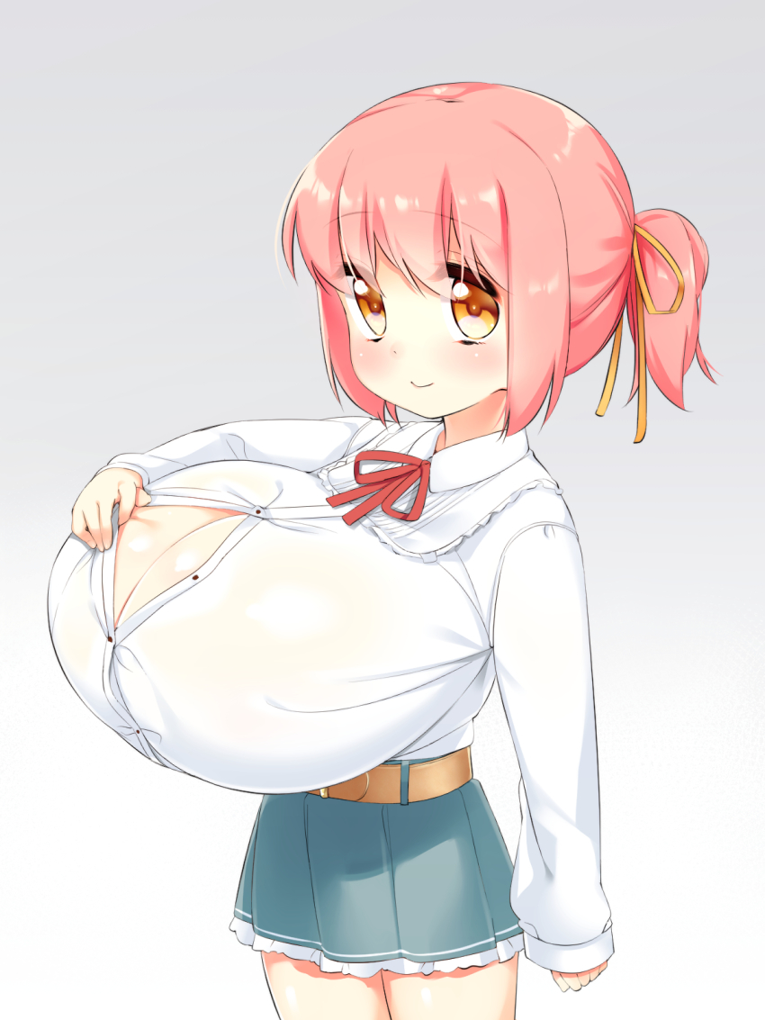 1girl, blush, breasts, cleavage, eyebrows, female_focus, hair_ornament, highres, huge_breasts, looking_at_viewer, oppai_loli, original, paizuri_invitation, pedocchi, pink_hair, shiny_skin, skirt, solo