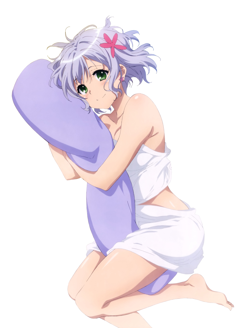 10s, 1girl, absurdres, amagi_brilliant_park, barefoot, bed_sheet, breasts, cleavage