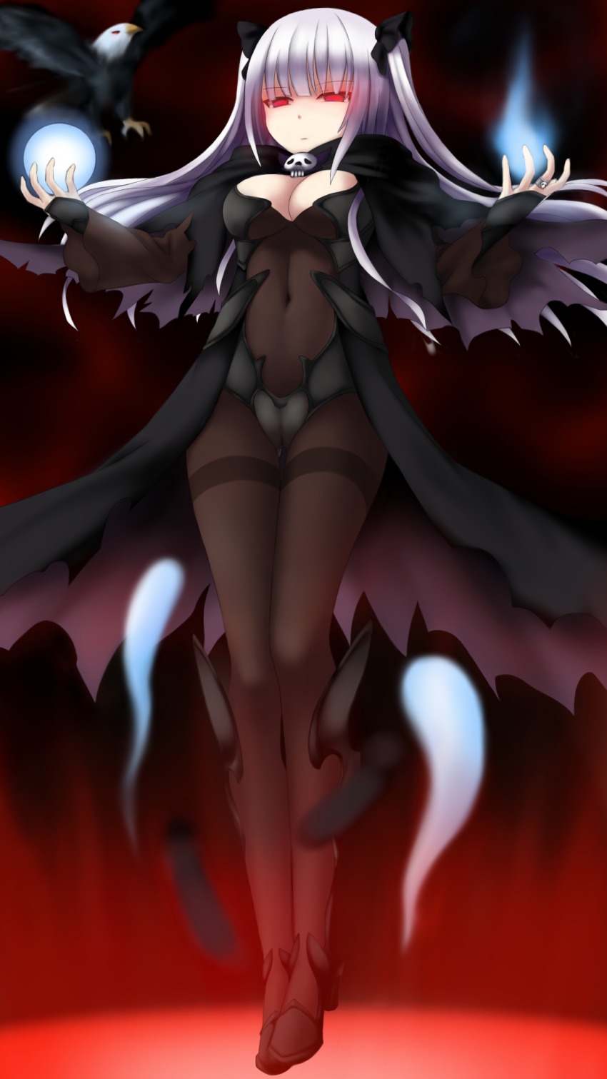 1girl, abyssal_ship, bell_mccamp_(warship_girls_r), bird, black_bodysuit, black_cape, black_pantyhose, bodysuit, breasts, cape, cleavage, corrupted_metadata, covered_navel, eagle, essex_(warship_girls_r), feathers, female_focus, floating, floating_hair, full_body, glowing, glowing_eyes, hair_ornament, highres, hitodama, jewelry, lanse_dai_mao, long_hair, pantyhose, red_eyes, ring, skull, solo, thighband_pantyhose, two_side_up, warship_girls_r, white_hair