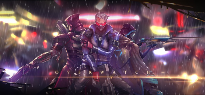 1girl, 2boys, ana_(overwatch), back-to-back, bleeding, blood, dual_wielding, eep167389, grey_hair, gun, handgun, highres, holding, hood, injury, mask, multiple_boys, overwatch, overwatch_1, rain, reaper_(overwatch), rifle, sniper_rifle, soldier:_76_(overwatch), torn_clothes, weapon