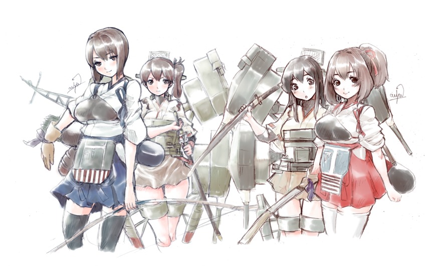 4girls, :o, akagi_(kancolle), akagi_(kancolle)_(cosplay), black_legwear, blush, bow_(weapon), brown_eyes