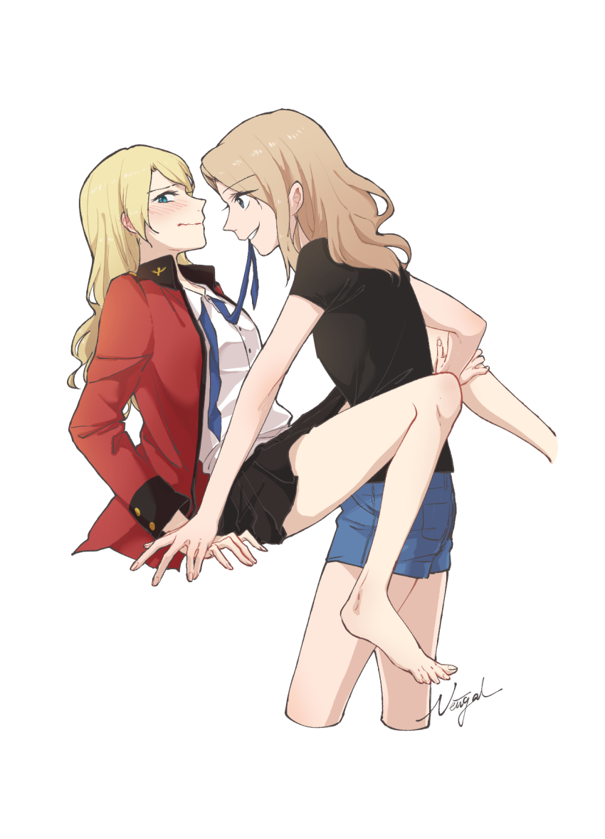 10s, 2girls, alternate_hairstyle, arm_support, artist_name, barefoot, between_legs, blonde_hair