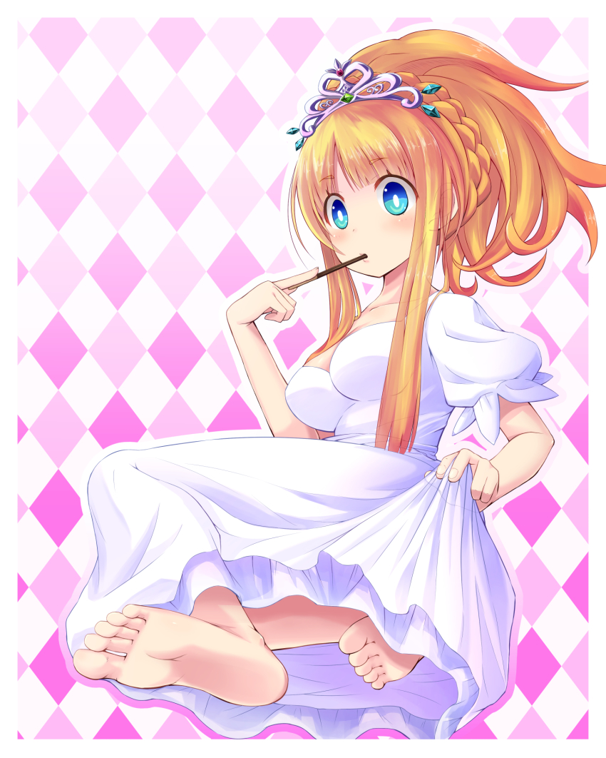 1girl, argyle_background, argyle_clothes, bad_id, bad_pixiv_id, barefoot, blonde_hair, blue_eyes