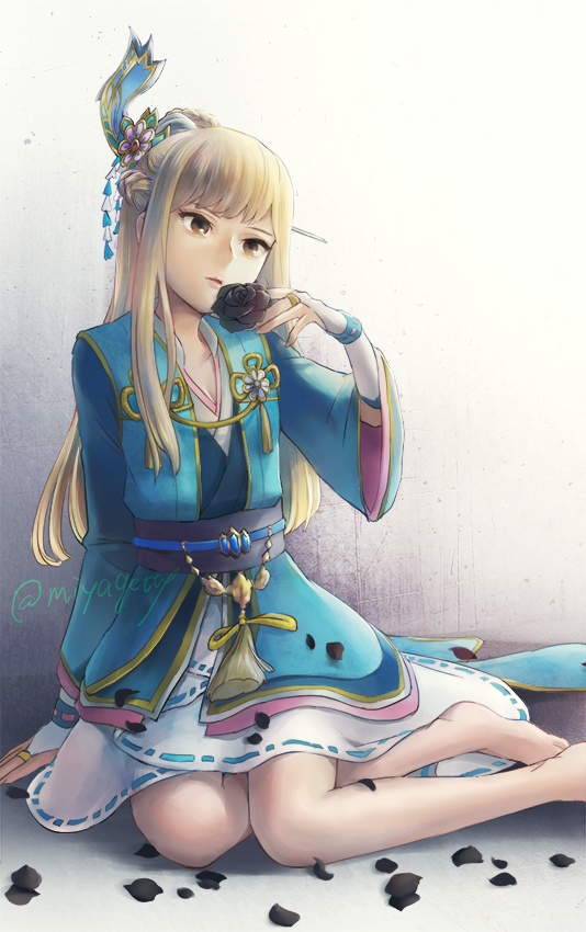 1girl, artist_name, barefoot, black_flower, black_rose, blonde_hair, brown_eyes, chacha