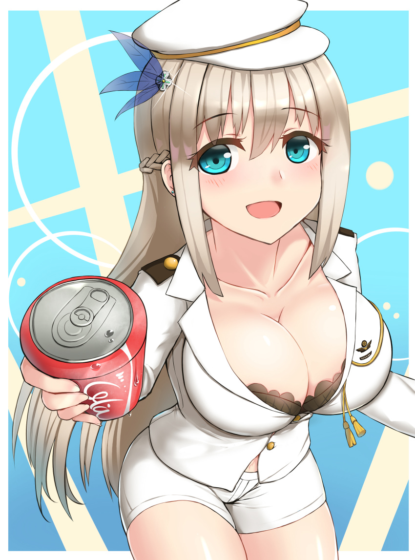 1girl, :d, absurdres, aiguillette, black_bra, blue_eyes, blush, bra