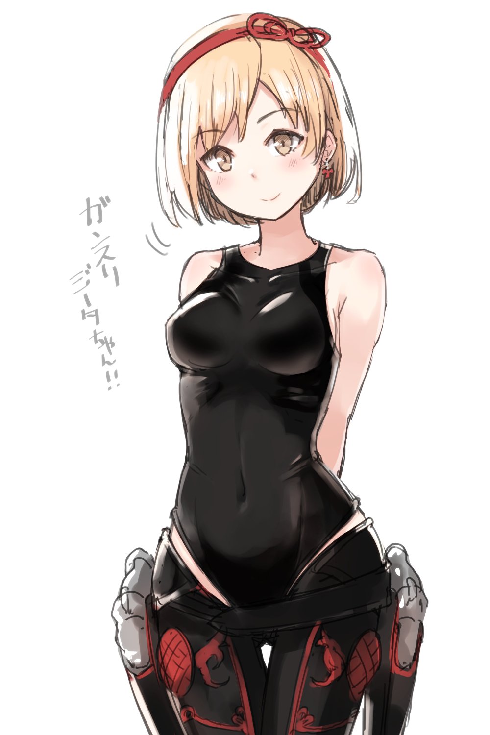 10s, 1girl, arms_behind_back, bare_shoulders, belt, blonde_hair, blush, breasts, brown_eyes, covered_navel, cowboy_shot, djeeta_(granblue_fantasy), earrings, female_focus, granblue_fantasy, gun, gunslinger_(granblue_fantasy), hair_ribbon, hairband, handgun, highres, holster, jewelry, leotard, looking_at_viewer, medium_breasts, nosuku, pistol, ribbon, short_hair, simple_background, smile, solo, translation_request, weapon, white_background