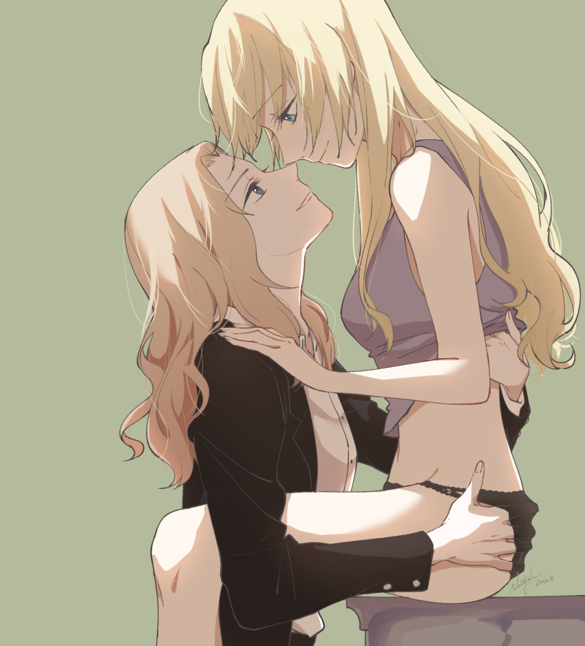 10s, 2girls, alternate_hairstyle, artist_name, black_panties, blonde_hair, blue_eyes, darjeeling_(girls_und_panzer), dated, eye_contact, girls_und_panzer, green_background, green_eyes, groin, hand_under_clothes, highres, kay_(girls_und_panzer), lace, lace_panties, long_hair, looking_at_another, midriff, multiple_girls, navel, neiigal, panties, parted_lips, sitting, sitting_on_object, tank_top, underwear, yuri