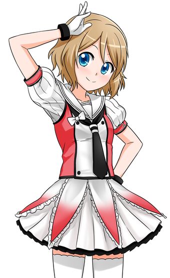 1girl, blonde_hair, blue_eyes, cosplay, crossover, gloves, hasemi_shiruku, idol