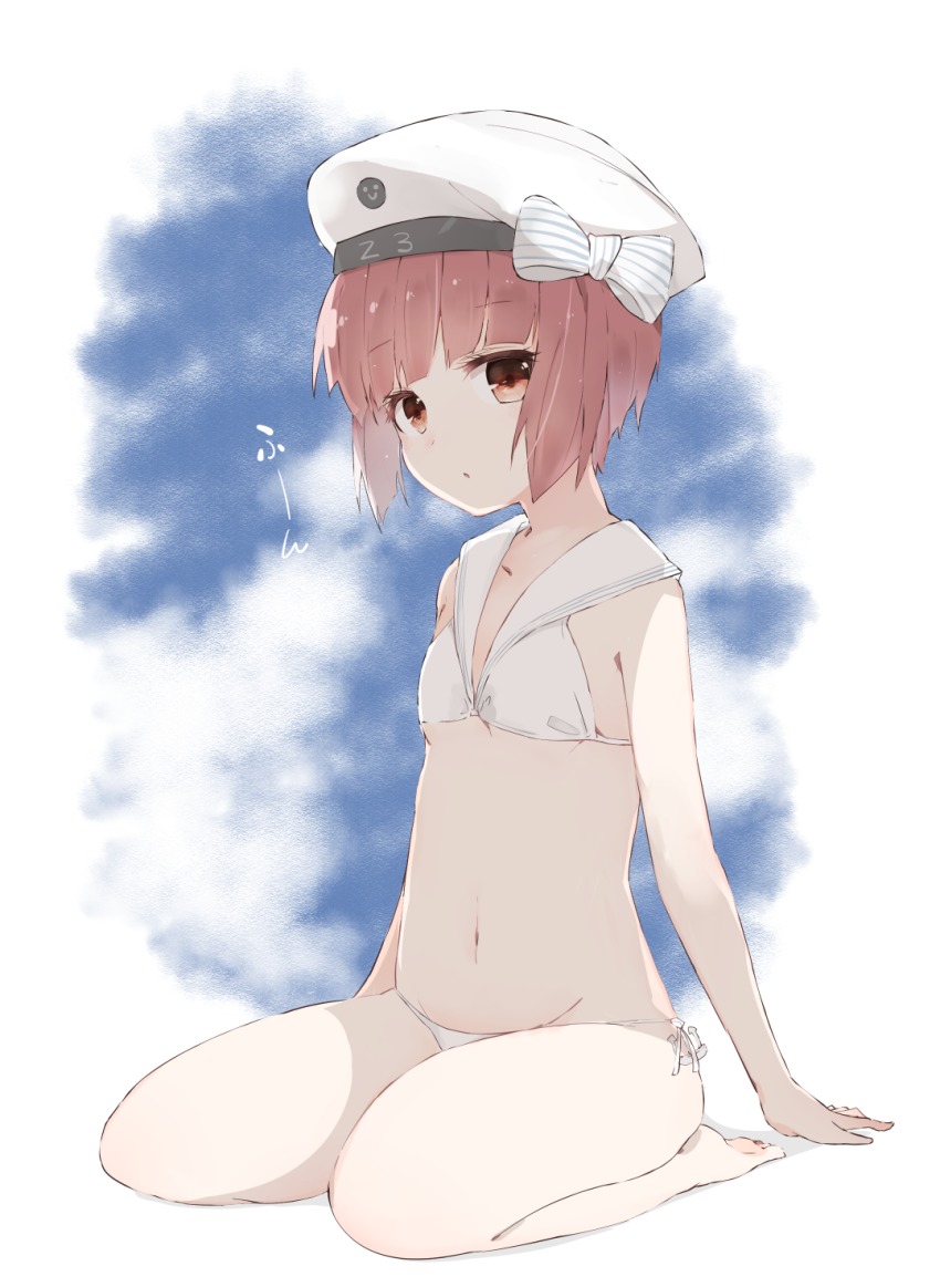 10s, 1girl, anchor, beret, bikini, bow, brown_eyes, brown_hair