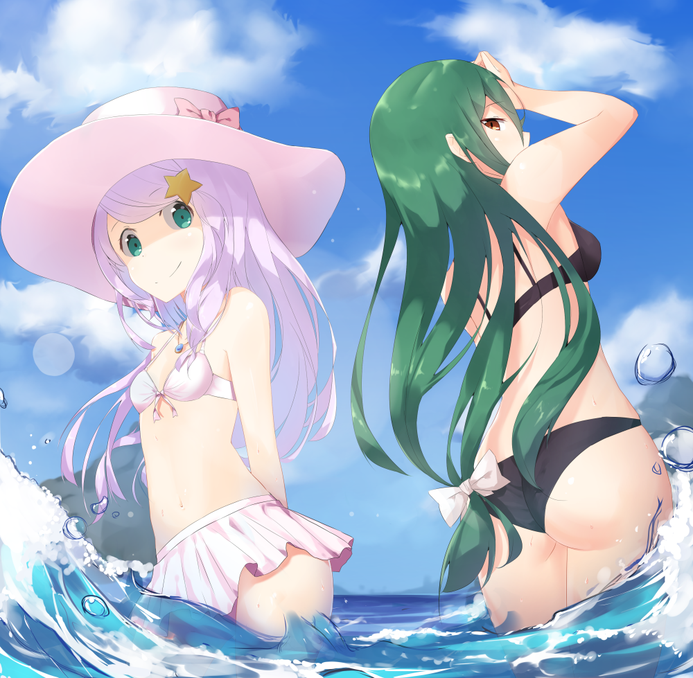 10s, 2girls, 714_(leg200kr), anastasia_hoshin, aqua_eyes, arm_at_side, arm_up, ass