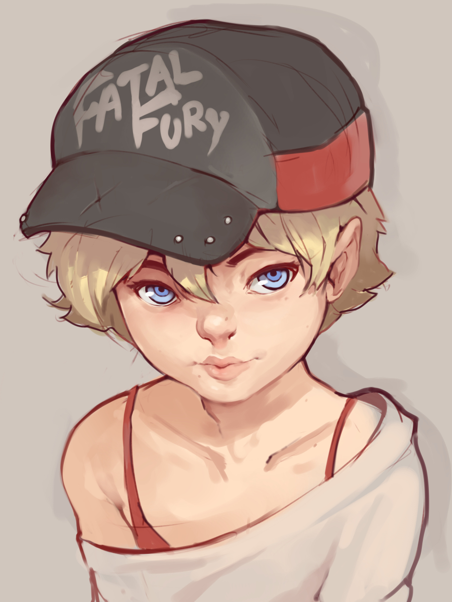 1girl, aged_down, alice_garnet_nakata, baseball_cap, blonde_hair, blue_eyes, copyright_name, fatal_fury, female_focus, grey_background, hat, highres, norasuko, portrait, short_hair, simple_background, solo, the_king_of_fighters, the_king_of_fighters_xiv