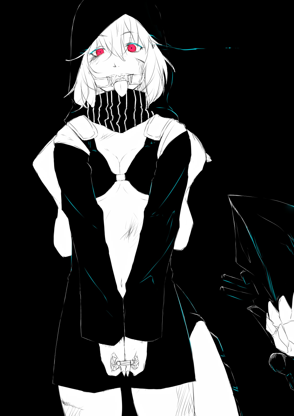 10s, 1girl, abyssal_ship, backpack, bag, bikini, bikini_top_only, black_background