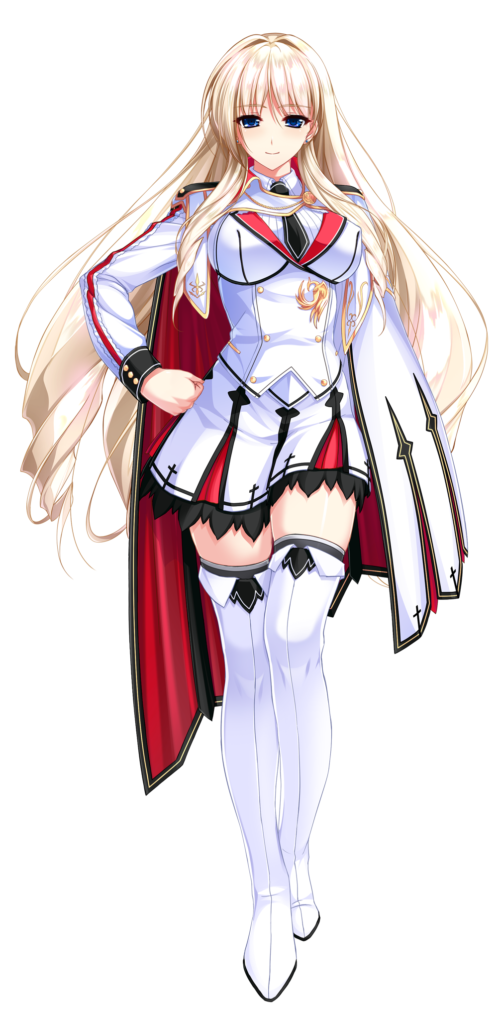 1girl, amasaka_takashi, blonde_hair, blue_eyes, blush, breasts, cape, covered_erect_nipples