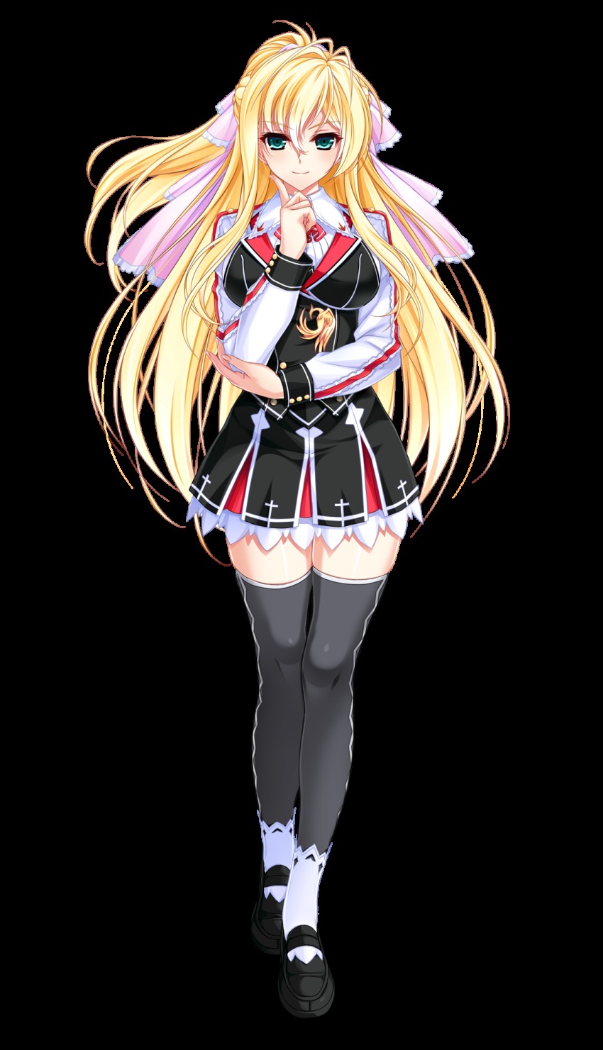 1girl, amasaka_takashi, aqua_eyes, black_thighhighs, blonde_hair, breasts, female_focus, full_body