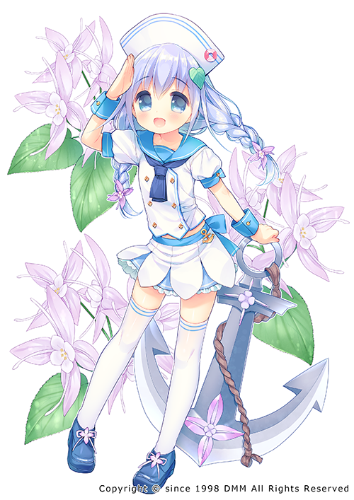 1girl, :d, anchor, blue_eyes, blue_shoes, braid, female_focus, flower
