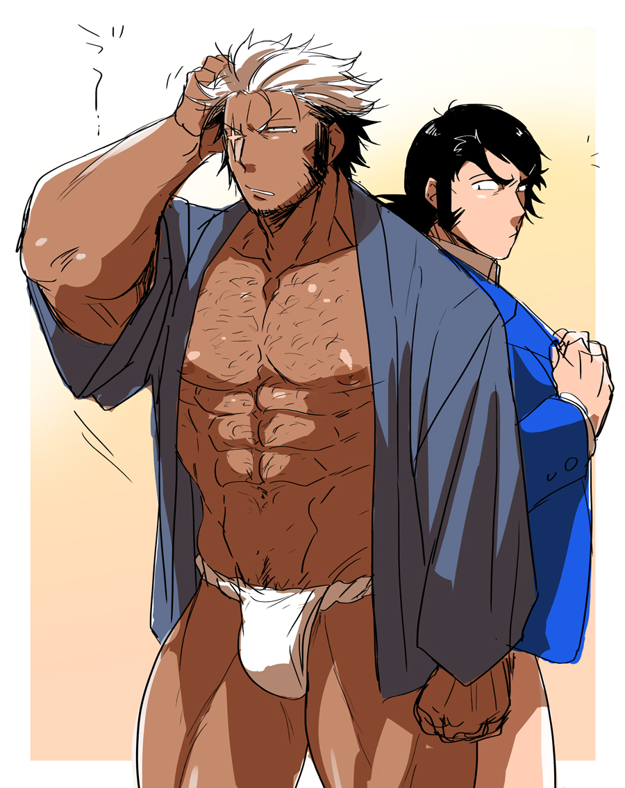 2boys, abs, bara, black_hair, character_request, crotch, dark_skin, male_focus