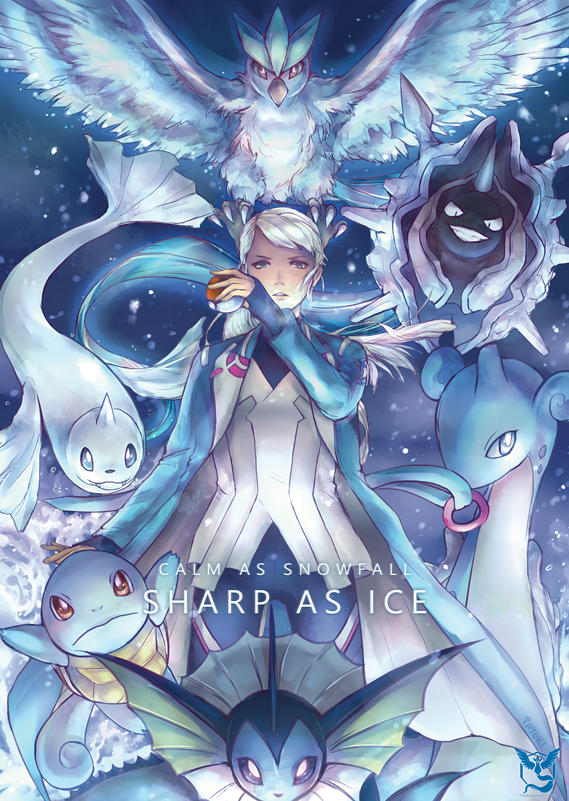 10s, androgynous, articuno, blanche_(pokemon), blue_eyes, blue_theme, cloyster, dark_skin, dewgong, english_text, gen_1_pokemon, gender_request, holding, holding_poke_ball, jacket, lapras, legendary_pokemon, nintendo, open_clothes, open_jacket, payoki, poke_ball, pokemon, pokemon_(creature), pokemon_go, ponytail, squirtle, vaporeon, white_hair