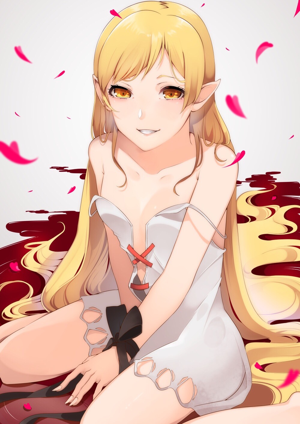 1girl, akuan_(7jackpot7), bad_id, bad_pixiv_id, bare_legs, barefoot, between_legs, black_ribbon, blonde_hair, blood, blood_on_ground, bound, bound_wrists, breasts, cleavage_cutout, clothing_cutout, commentary_request, cosplay, dress, fangs, female_focus, hand_between_legs, heart, highres, kiss-shot_acerola-orion_heart-under-blade, kiss-shot_acerola-orion_heart-under-blade_(cosplay), kiss-shot_acerola-orion_heart-under-blade_(young), kizumonogatari, long_hair, monogatari_(series), oshino_shinobu, pointy_ears, ribbon, shadow, sitting, sketch, small_breasts, smile, solo, spaghetti_strap, strap_slip, tied_up, very_long_hair, wariza, wrist_ribbon, yellow_eyes