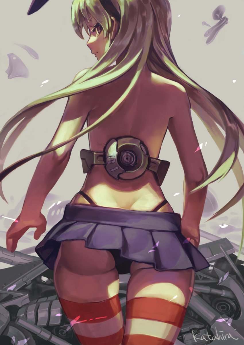 10s, 1girl, artist_name, ass, back, black_panties, blonde_hair, blue_skirt