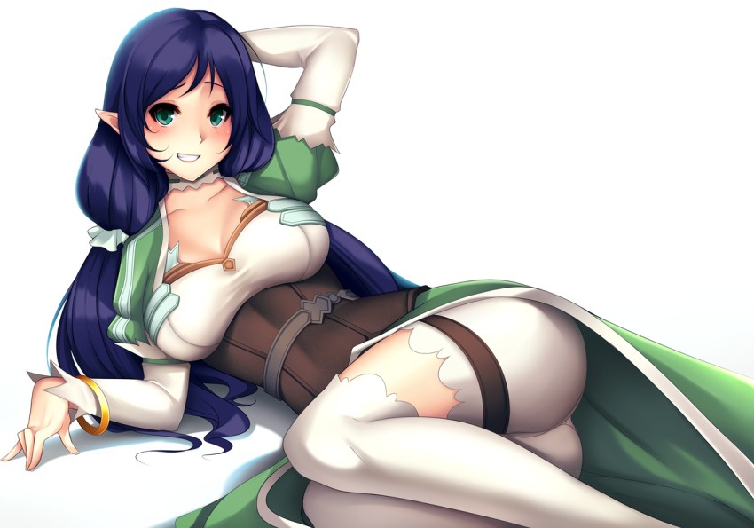 10s, 1girl, arm_behind_head, arm_garter, arm_up, ass, bad_id, bad_pixiv_id, blush, bracelet, breasts, cleavage, commission, cosplay, dress, female_focus, green_dress, green_eyes, grin, hair_ornament, hair_ribbon, hair_scrunchie, jewelry, juliet_sleeves, leafa_(cosplay), leafa_(sao), long_hair, long_sleeves, looking_at_viewer, love_live!, love_live!_school_idol_project, low_twintails, lying, on_side, over-kneehighs, parted_lips, pointy_ears, puffy_sleeves, purple_hair, ribbon, scrunchie, smile, solo, sword_art_online, teeth, thigh_strap, thighhighs, tojo_nozomi, tony_guisado, twintails, underbust, white_background, white_ribbon, white_thighhighs