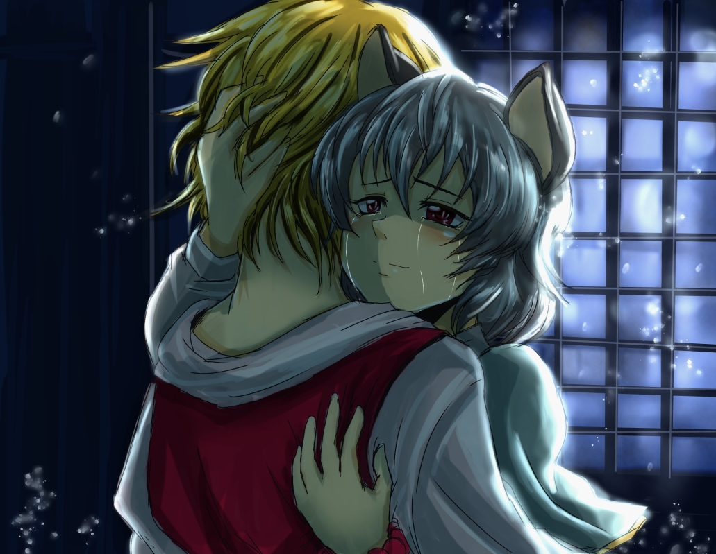 2girls, animal_ears, blonde_hair, blush, capelet, closed_mouth, crying, crying_with_eyes_open, futagojima, grey_hair, happy_tears, hug, indoors, light_smile, long_sleeves, mouse_ears, multiple_girls, nazrin, short_hair, tears, toramaru_shou, touhou, upper_body, yuri