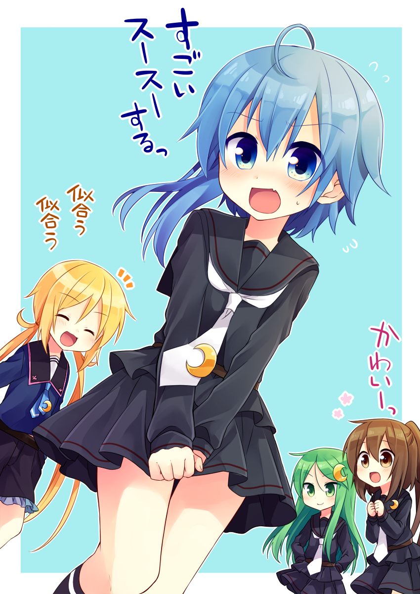 4girls, :d, alpha_signature, asymmetrical_hair, black_serafuku, black_shorts, black_skirt, blonde_hair