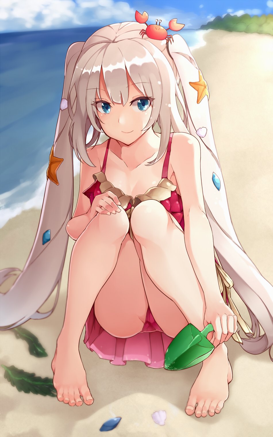 1girl, barefoot, batatata77, beach, blue_eyes, collarbone, crab, crab_on_head, drill_hair, fate/grand_order, fate_(series), feet, female_focus, full_body, highres, long_hair, marie_antoinette_(fate), marie_antoinette_(swimsuit_caster)_(first_ascension)_(fate), sand, shovel, silver_hair, smile, solo, starfish, swimsuit, toes, twin_drills, worktool