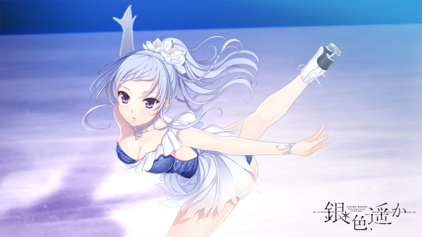 1girl, akino_subaru, blue_eyes, breasts, cleavage, female_focus, figure_skating, flower