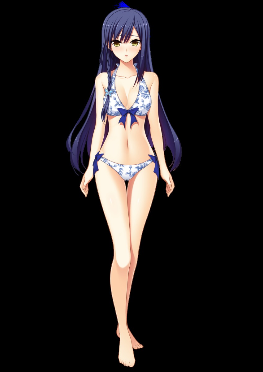 1girl, akino_subaru, bikini, blue_hair, blush, female_focus, full_body, hair_ornament