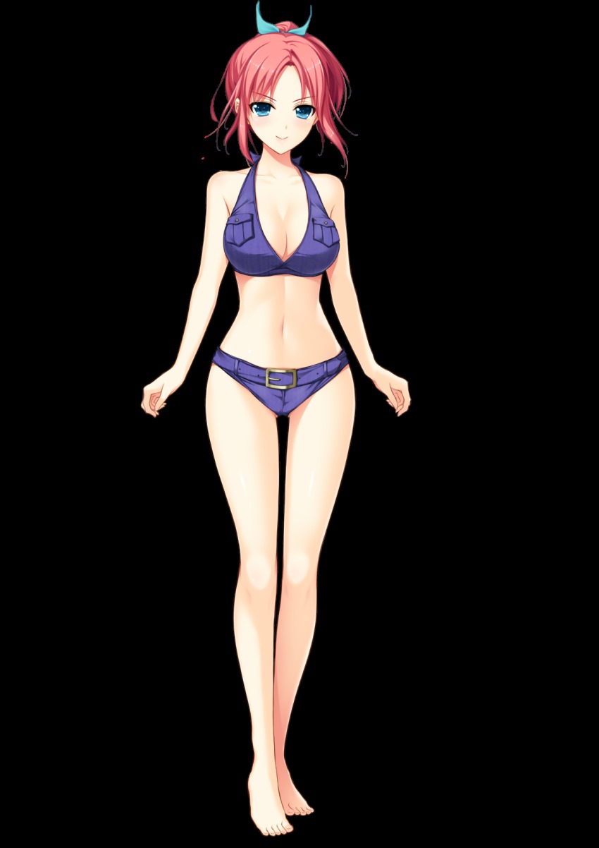 1girl, akino_subaru, bare_shoulders, barefoot, bikini, bikini_top_only, blue_eyes, breasts