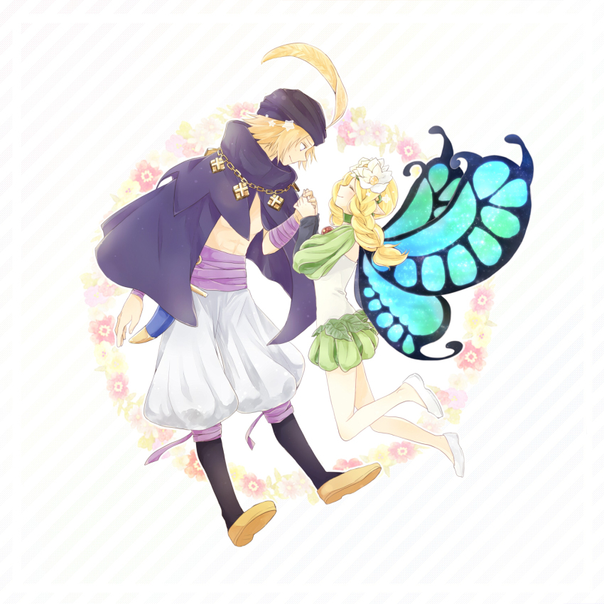 1boy, 1girl, blonde_hair, braid, butterfly_wings, closed_eyes, couple, fairy