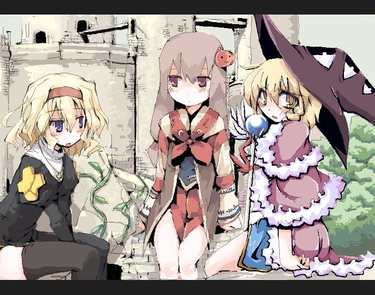 3girls, alice_margatroid, blonde_hair, castle, cosplay, crossover, hakurei_reimu, high_wizard_(ragnarok_online)