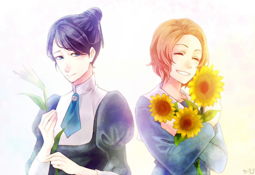 2girls, bad_id, bad_pixiv_id, black_hair, bleach, blue_eyes, closed_eyes, flower, hair_bun, juliet_sleeves, katagiri_kanae, kurosaki_masaki, long_sleeves, multiple_girls, orange_hair, puffy_sleeves, ronisuke, short_hair, single_hair_bun, smile, sunflower
