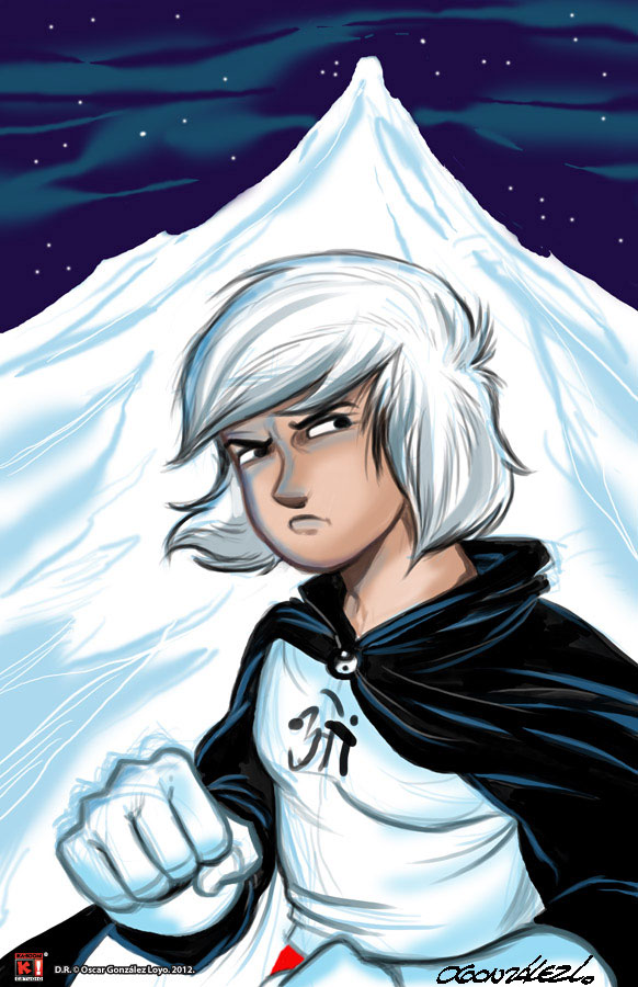 1970s_(style), 1980s_(style), 1boy, black_eyes, bob_cut, cape, clenched_hands, gloves, karmatron_y_los_transformables, looking_at_viewer, male_focus, mount_meru, mountain, official_art, official_style, retro_artstyle, oscar_gonzalez_loyo, promotional_art, sanskrit, science_fiction, serious, signature, solo, star_(sky), uniform, white_hair, yin_yang, zacek