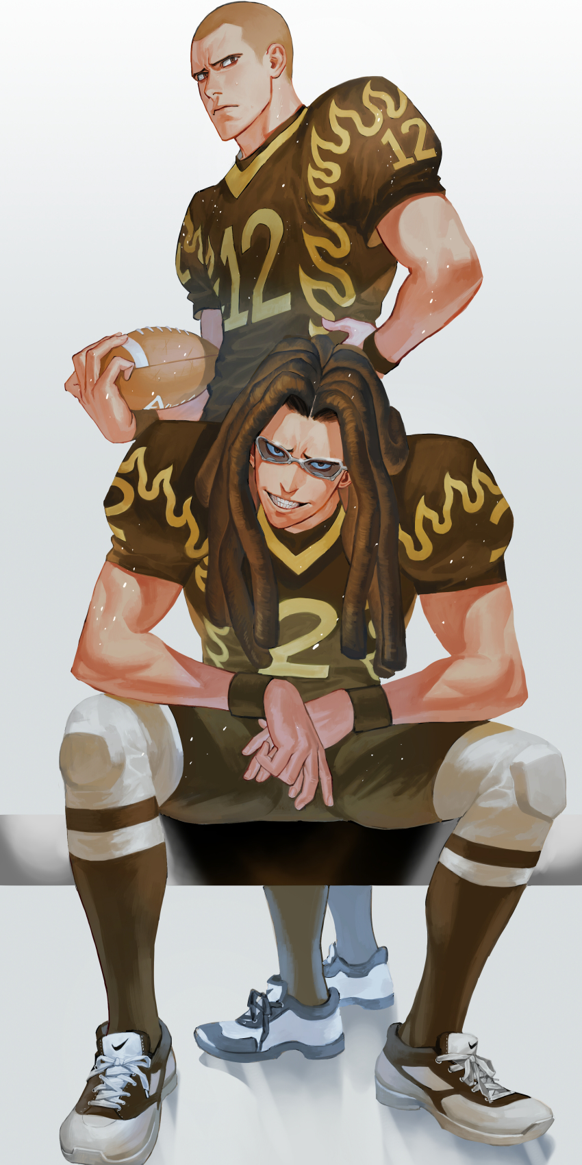 00s, 2boys, absurdres, american_football_(object), bad_id, bad_pixiv_id, ball, brothers