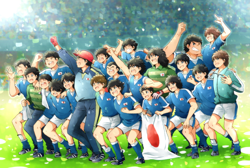 6+boys, bad_id, bad_pixiv_id, black_hair, brown_hair, captain_tsubasa, confetti, closed_eyes, flag, gloves, grin, hat, hiro_(minorstar), hyuuga_kojirou, ishizaki_ryou, izawa_mamoru, japan, japanese_flag, jitou_hiroshi, kisugi_teppei, long_hair, male_focus, matsuyama_hikaru, misaki_tarou, misugi_jun, morisaki_yuuzou, multiple_boys, nitta_shun, oozora_tsubasa, sano_mitsuru, sawada_takeshi, short_hair, smile, soccer, soccer_uniform, sorimachi_kazuki, souda_makoto, sportswear, tachibana_kazuo, tachibana_masao, takasugi_shingou, taki_hajime, teeth, towel, upper_teeth_only, wakabayashi_genzou, wakashimazu_ken
