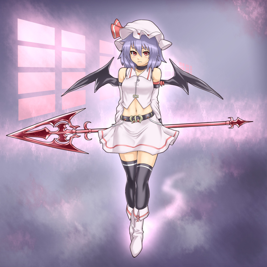 1girl, bat_wings, black_thighhighs, blue_hair, choker, detached_sleeves, female_focus, hat, highres, hou_takashi_ji, houtengeki, midriff, navel, polearm, red_eyes, remilia_scarlet, short_hair, solo, spear, spear_the_gungnir, thighhighs, touhou, weapon, wings, zettai_ryouiki