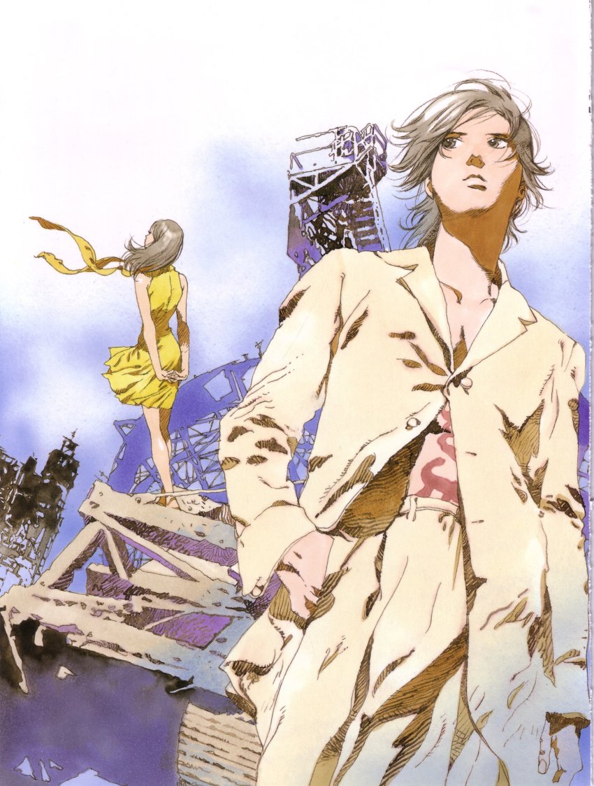 00s, 1boy, 1girl, absurdres, belt, black_hair, brown_hair, collarbone, floating_hair, formal_clothes, from_below, hands_in_pockets, highres, kamina_ayato, long_sleeves, looking_afar, machinery, mishima_reika, pants, rahxephon, standing, suit, toned, wind, yamada_akihiro